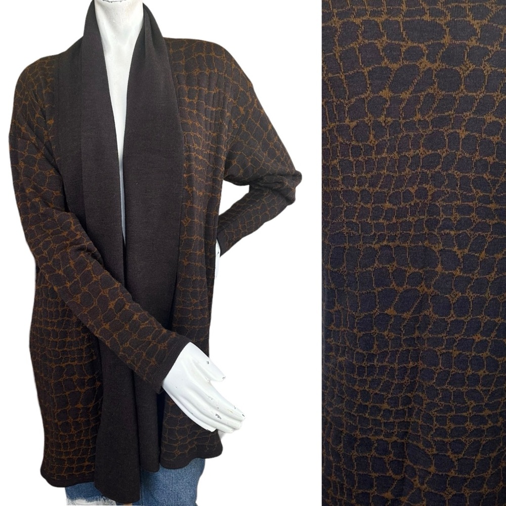 Vintage Caché Gold Label Brown & Tan Merino Wool Blend Open Cardigan Size Small